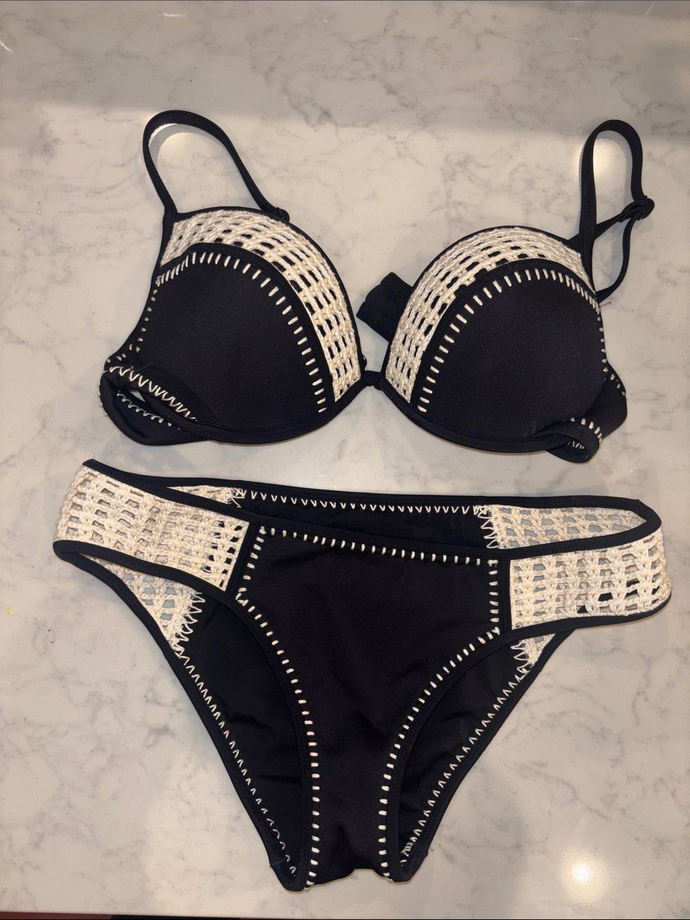 Victoria's Secret Black Bikini with Cream Crochet Accents- 34D top M bottoms